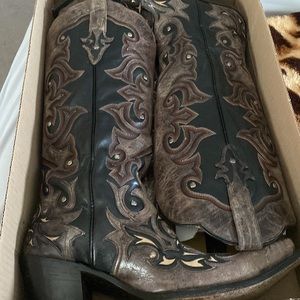 Corral Size 11 Leather Black/Brown Tall Top Inlay & Studs